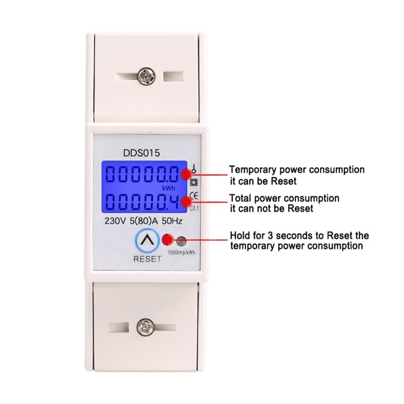 DDS015 230V kwh Meter Digital Electric Meter Single Phase LCD Double Display with Reset Power Consumption Meter 2P DIN Rail