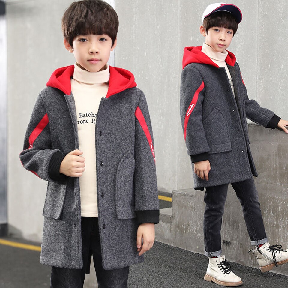 Winterjassen jongens effen wollen enkelrijs babyjongens trenchcoat hoodie 5-14 y kinderkleding jassen voor jongens windjack