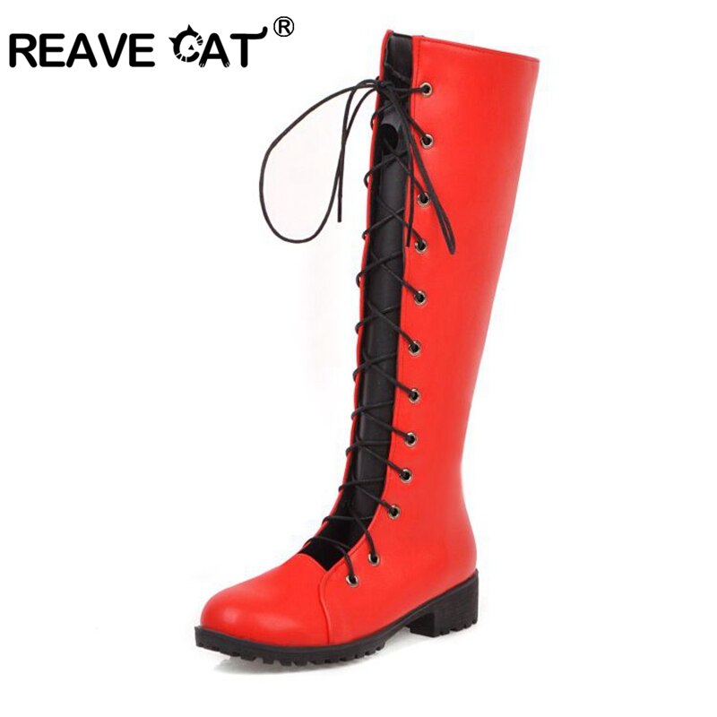 REAVE CAT Knee High Boots for Women Round Toe Square Heel Lace-up Patchwork Cross-Tied Platform Big Size 40-43 Black Red