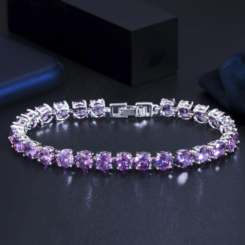 Threegraces Fonkelende Paars Zirconia Zilveren Kleur Geometrische Ronde Cz Tennis Link Chain Armband Sieraden Voor Vrouwen BR219: Kobalt Violet