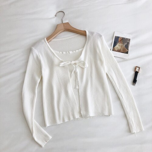 Neploe, conjuntos de cárdigan de punto para mujer, pajarita de manga larga, puntada abierta + básico ajustado, Chaleco Corto con tirantes, trajes de verano 4C691: Blanco