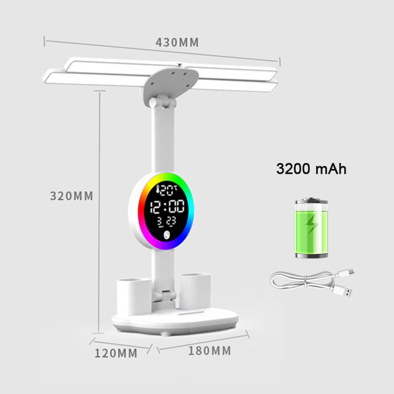 Candeeiro de mesa recarregável para estudo, candeeiro de mesa luz de leitura led candeeiro de mesa com ventilador, relógio led dispaly lâmpada de leitura: Preto