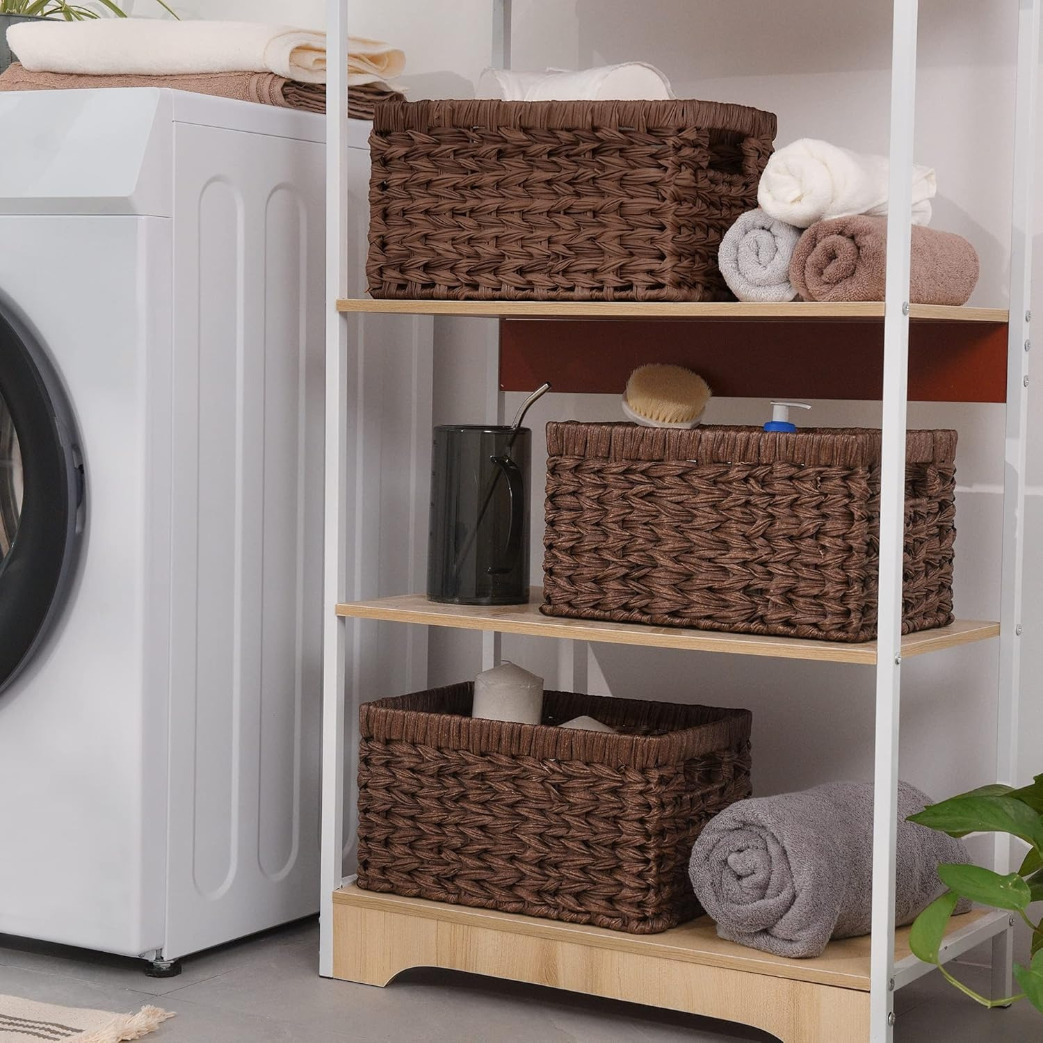 Rectangle Wicker Storage Baskets for Shelves Organizing,Waterproof Woven Storage for Toilet Shelf Baskets,Laundry Room,Brown