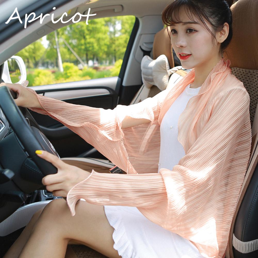 Solid-colored Pleated Summer Women Chiffon shawl Scarves Pure Color Long Sleeve Poncho Stole Female Shawls Snud: Apricot