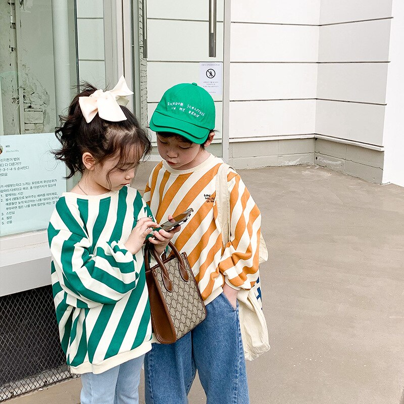 Felpe oversize in cotone per ragazzi e ragazze con cappuccio a righe diagonali moda primavera per bambini 2-7Y
