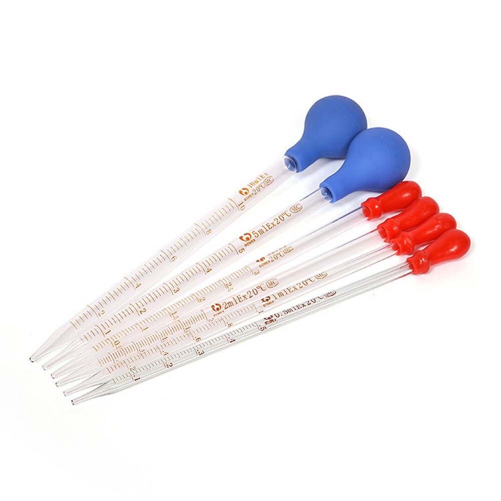 5Pcs 0.5/1/2/3/5/10ml Glass Scale Line Dropper Pipette Lab Dropper Dropping Pipet Blue Rubber Head Pipettors Laboratory Supplies