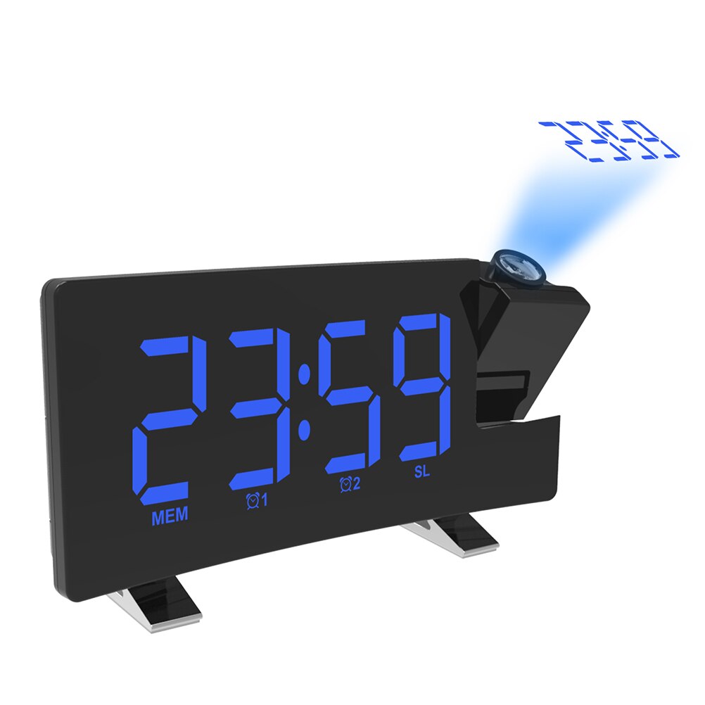Digital Alarm Clock LED Screen Dual Alarm Snooze Projection Clock Dimmer FM Radio USB Recharge Electronic Clock: Blue