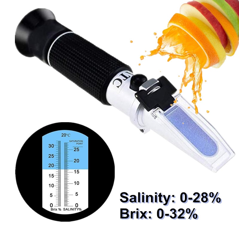 Handheld Refractometer 2 in 1 food Salinity Refractometer 0-28% and Sugar Concentration Meter Densimeter 0-32% Refractometer