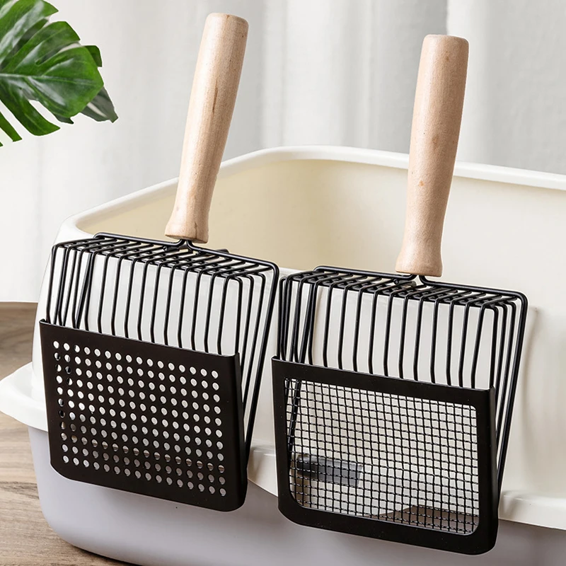 Kattegrusske med ergonomisk håndtag og krog holdbar metal finmasket sigteskovl til rengøring af katteaffald til kattebakken