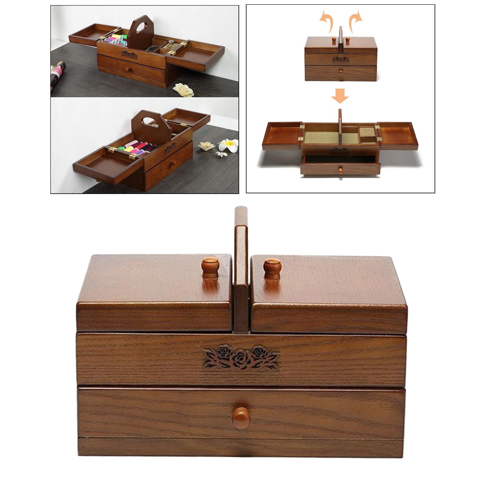 Wooden Vintage Sewing Basket With Sewing Kit Accessories Organizer Box