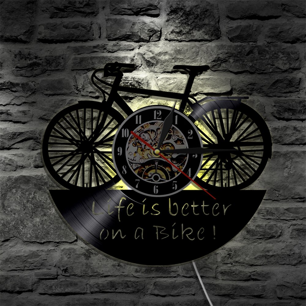 Life Is Better On A Bike Wall Clock Bike Cycle Vinyl Record Wall Clock Home Decor with 7 Different Color LED Light