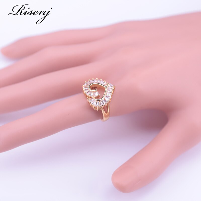 Risenj Heart Square Top Zircon 18k Gold Costume Jewelry Set For Women Earrings Necklace Ring Set Bridal Jewelry