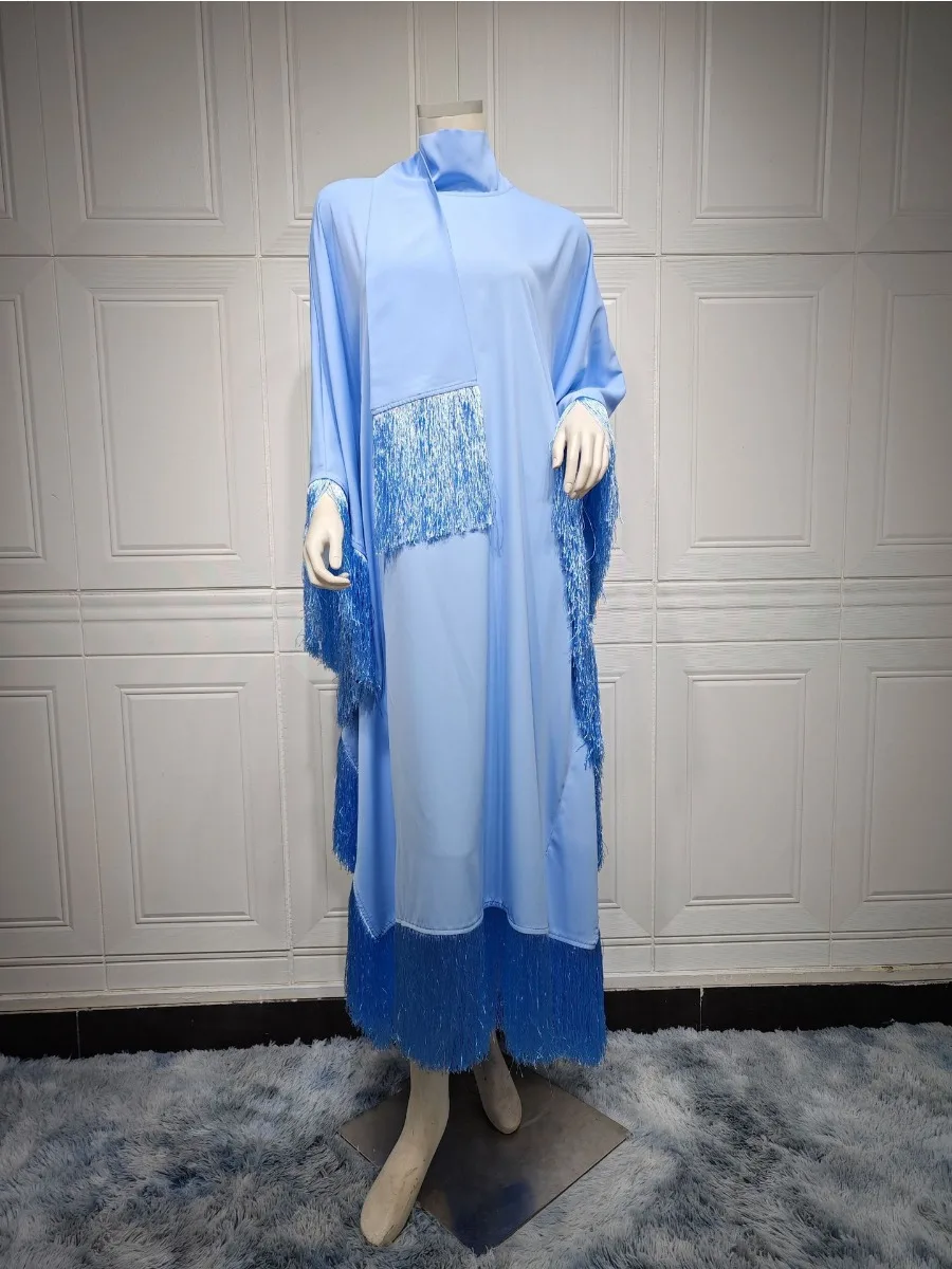 Caftán Eid para mujer musulmana, Vestido largo de noche, Ramadán, Dubai, Abaya, Turquía, Islam, 2023: Cian