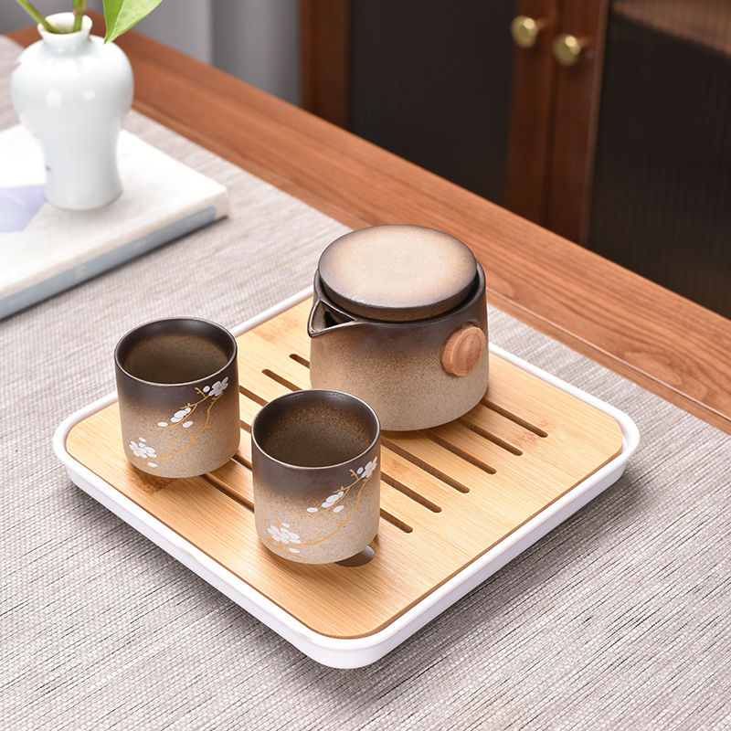 Japanese-style Cherry Blossom Kung Fu Tea Set Small Set One Pot Two Cups Four Cups Portable Travel Tea Set Tea Pot Tea Tray: 1pot 2cups 1 plate B