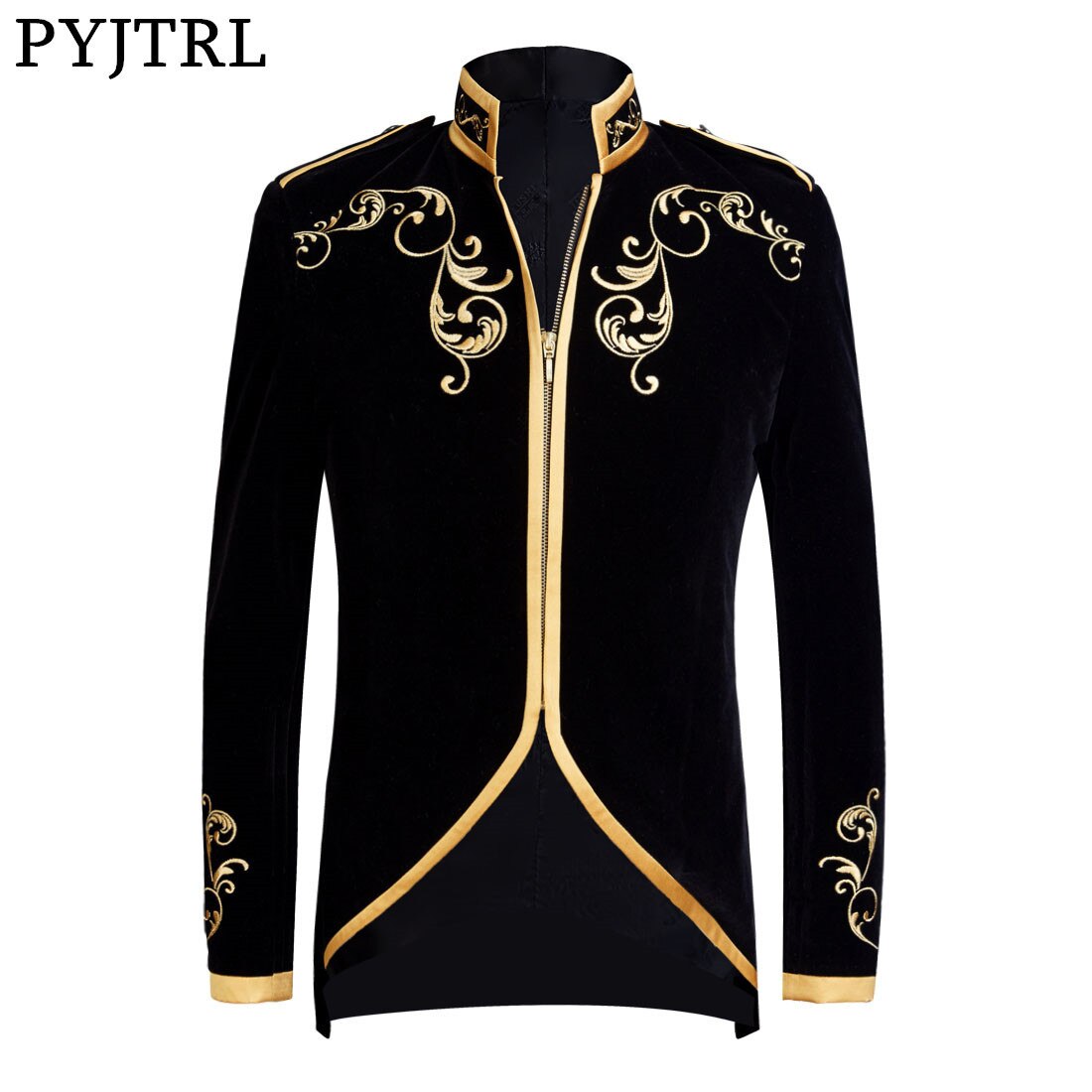 PYJTRL British Style Palace Prince Black Velvet Gold Embroidery Blazer Wedding Groom Slim Fit Suit Jacket Singers Coat