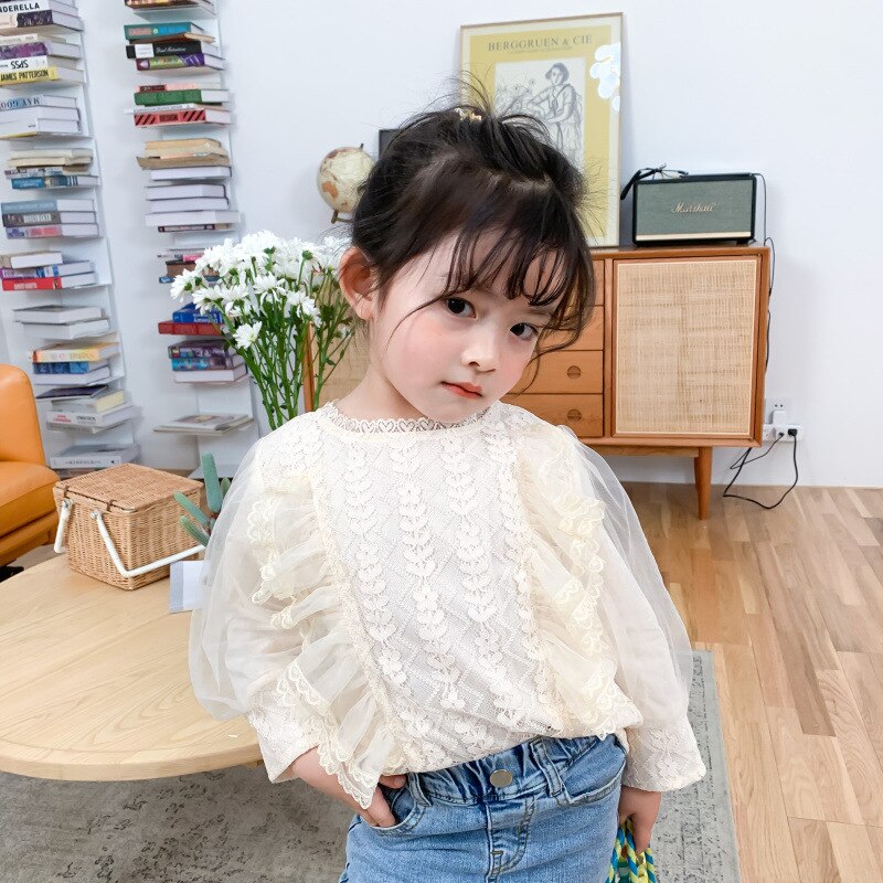 Koreansk stil blonder mesh patchwork langærmede dukkebluser til piger ryg snørestoppe: 4t ( for 110cm børn)
