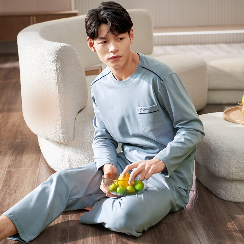 Ensemble Pyjama en coton pur pour homme, manches longues, ample, couleur unie, vêtements de nuit, haut et pantalon, collection automne et hiver