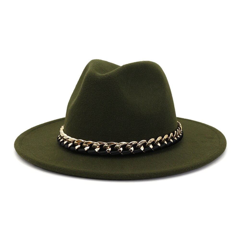 Europæisk amerikansk imiteret uldne bowlerhatte til kvinder mænd vinter efterår vintage bredskygget top jazzhat fedora kasketter med kæde: 8