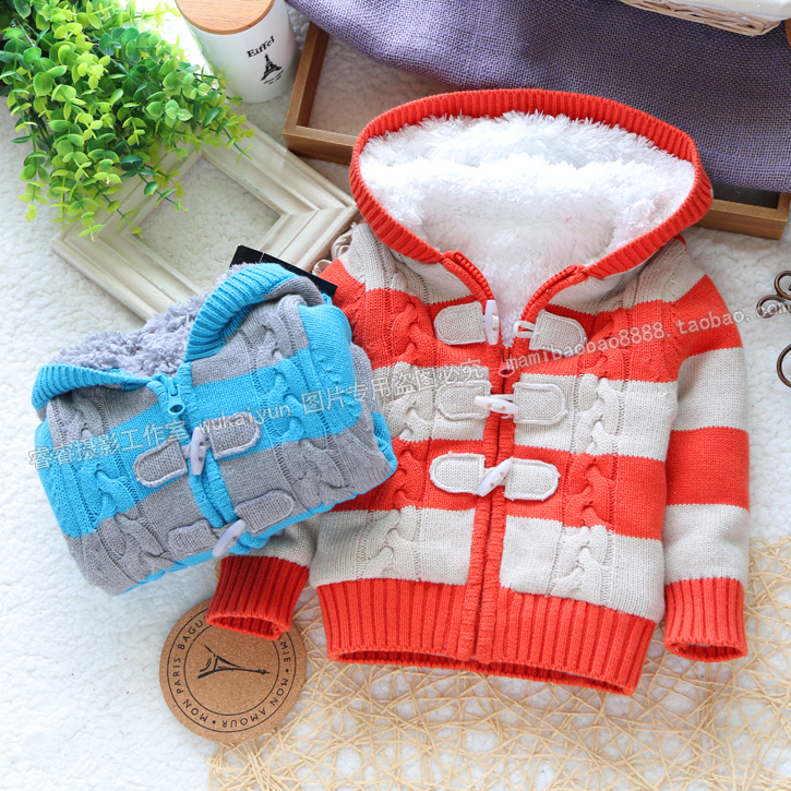 Retail autumn winter baby clothing baby boy sweater cardigan child stripe sweater baby girls plus fleece sweaters coat