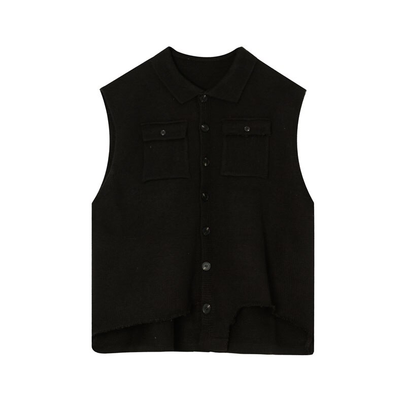 Homme surdimensionné Vintage Streetwear Hip Hop chandails veste hommes ourlet cassé sans manches tricoté gilet pull manteau: 9010 black / XL