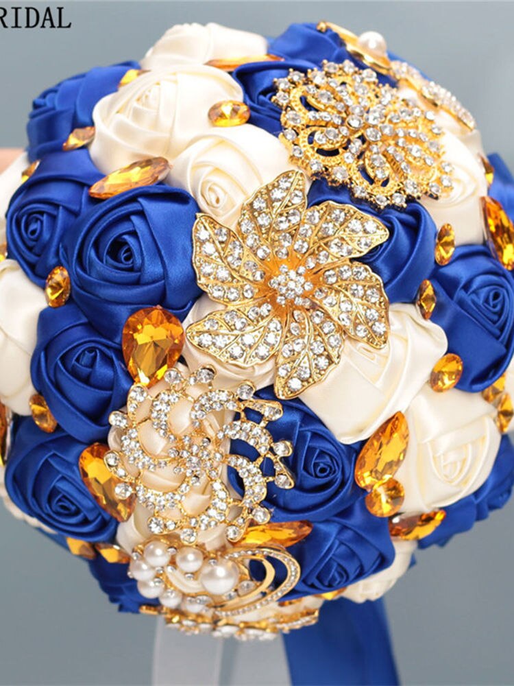 Fleur de mariage bleu Royal luxe or strass mariée fleurs pour mariage Photo réelle mariage Bouquet mariée demoiselle d'honneur: Bleu