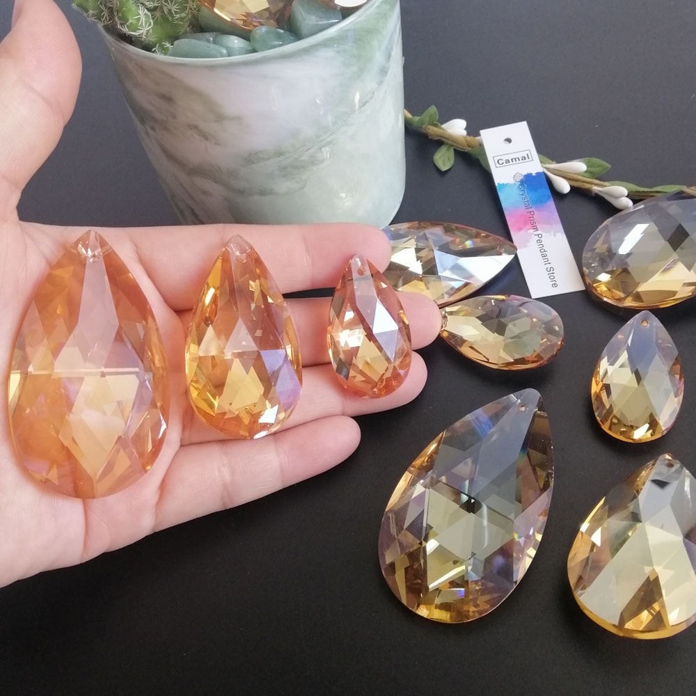 Camal 2 stücke Gold Champagner 38/50/60mm Netz Kristall Anhänger Lampe Prismen Kronleuchter SunCatcher Beleuchtung Teile hängen Wohnkultur
