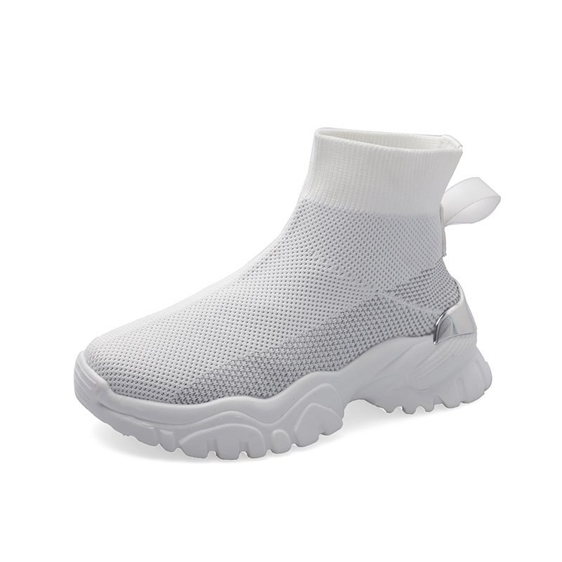 Fujin tykk joggesko pustende kvinner fast kile fjær høy topp sokker sko dame tykk bunn sko dame: Hvit / 6.5