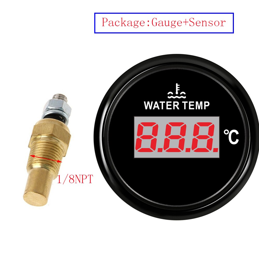100% Digital Water Temperature Gauge with Sensor 1/8 NPT Water Temp Sensor Red Backlight 52MM Gauge Indicator for Marine Boat: Black Black
