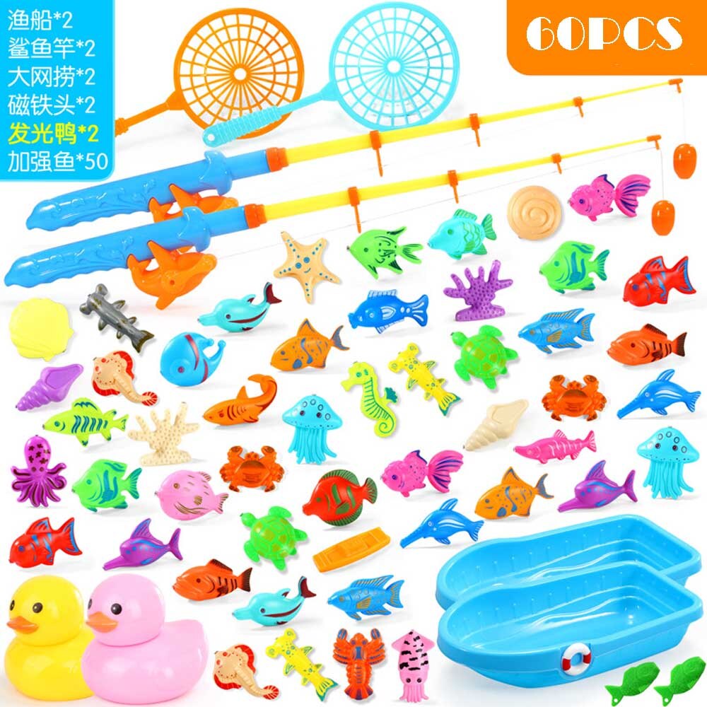 15-68PCS Kids Magnetic Fishing Toy Set Baby Water Toys with Inflatable Pool Magnet Fishing Rod Classic Toys for Children: 60pcs set