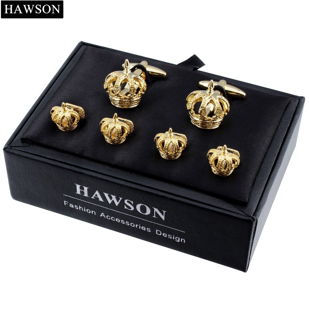 HAWSON, gemelos de corona, conjunto de pendientes con pasantes, puño de Metal dorado, botones de enlaces para camisa de esmoquin para padrinos de boda, joyería para camisa