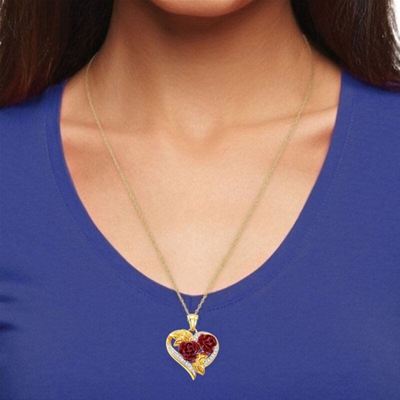 Liefde Hart Rode Roos Hanger Ketting Voor Vrouwen Meisje Goud Kleur Ketting Choker Mode-sieraden Christmas Valentijnsdag
