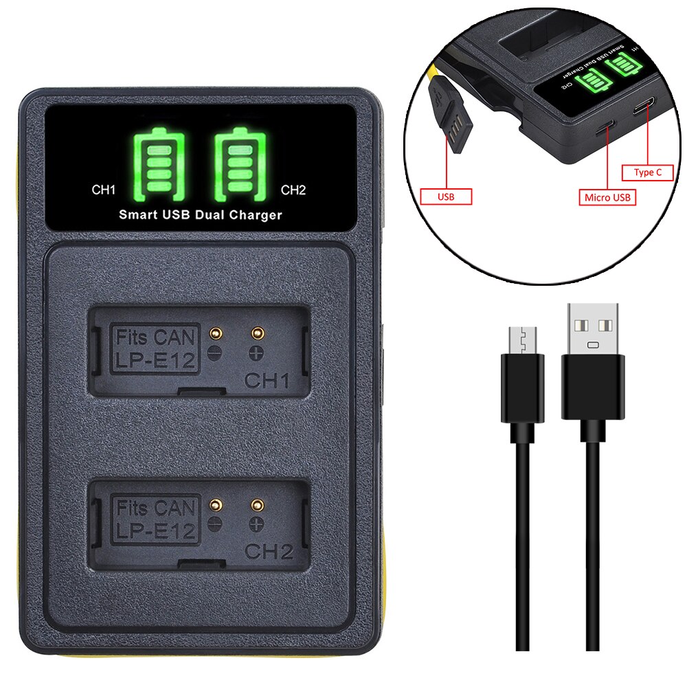 LP-E12 LPE12 LP E12 Batteria Ricaricabile + LED Dual USB Caricabatteria per Canon Rebel SL1, EOS-M, EOS M2, EOS M10, EOS M50, EOS M100: charger