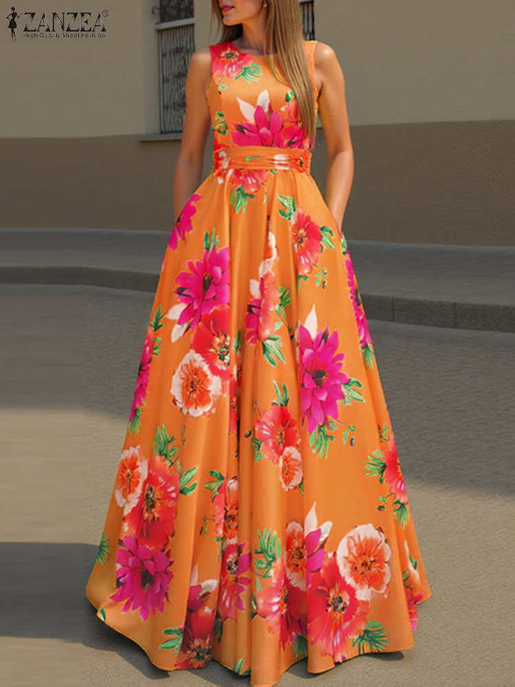 ZANZEA Frauen Bohemian Kleid Floral Bedruckte Tank Sommerkleid 2025, Sommer Ärmellose Taille Robe Casual Party Maxi Kleider