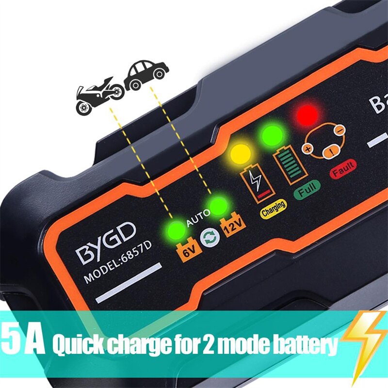 6V/12V Intelligent Battery Charger Portable Lead Acid Battery Charger with Detachable Alligator Clips,for Motorcycle/Car
