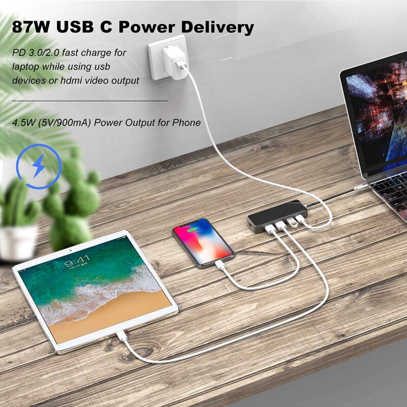 Multifunktion usb c hub adapter 8 in1 gigabit  rj45+ usb 3.0 x 3+ pd+hdmi+sd/minilæser usb hub til telefon bærbar