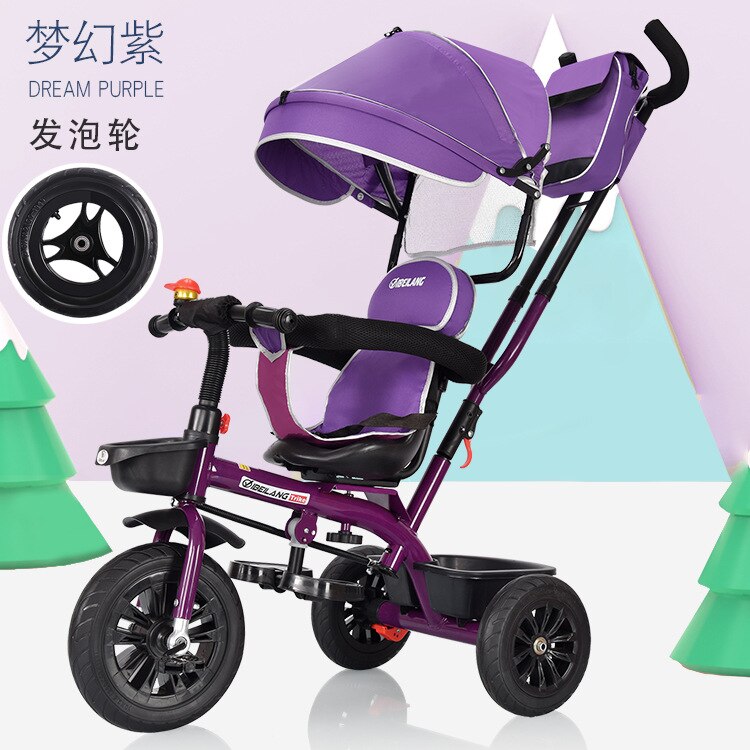 Brand Portable Baby Tricycle Bike Children Tricycle Stroller Bicycle Swivel Baby Carriage Seat Detachable Umbrella Pram: Purple  foaming