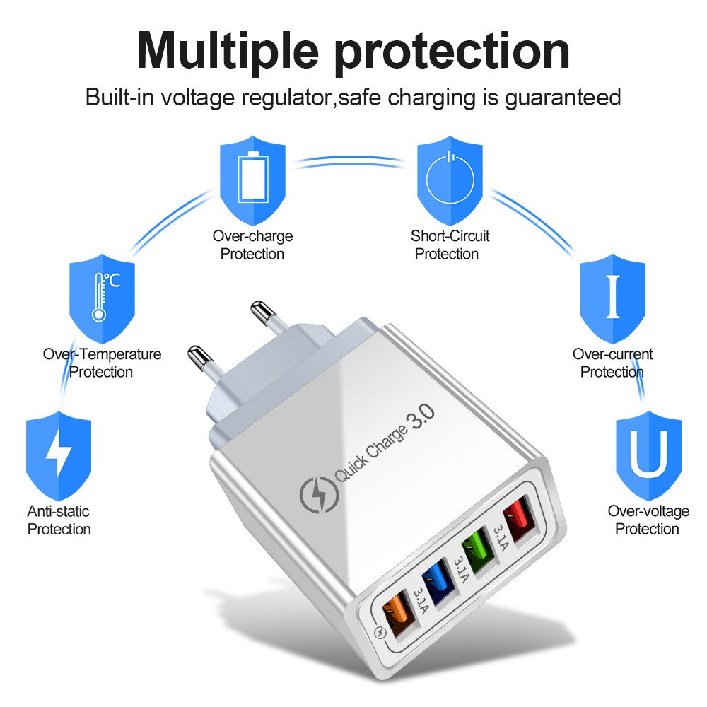 Utile 4 USB di Ricarica Rapida 3.0 del Caricatore del USB per Huawei Compagno di 30 Samsung S10 A50 tavoletta CONTROLLO di QUALITÀ 3.0 di trasporto Veloce Della Parete caricabatterie Spina di UE Adapte