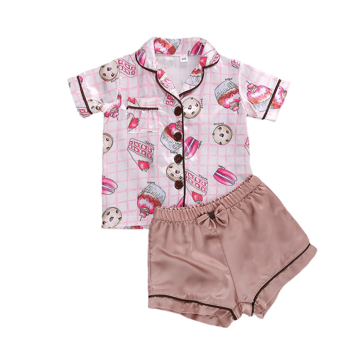 Summer Girls Printed Short-sleeved Pajamas Set Cute Cookie Pattern Comfy Cotton Sleepwear Unisex Infant Solid Color Clothing: 2t