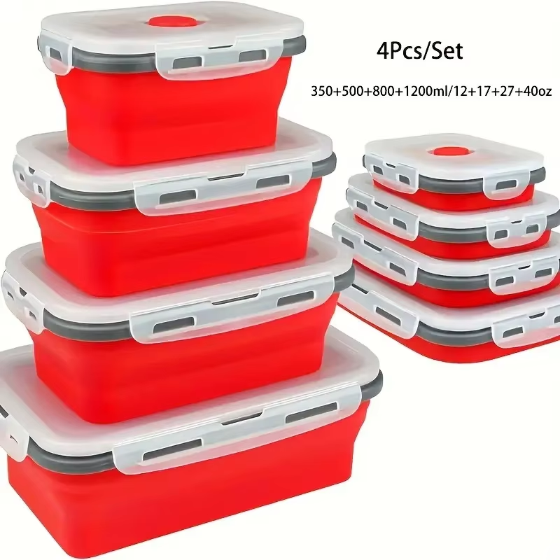 4 Pack Silicon Lunch Box Flat Stacks Collapsible Food Storage Containers With Lids Leftover Meal Box For Kitchen BPA Free: Red