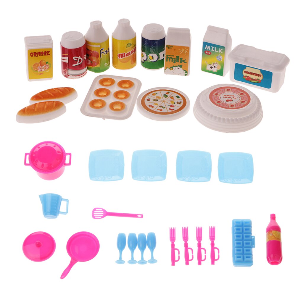30pcs Dollhouse Plastic Kitchenware & Food Set for Doll Accessories
