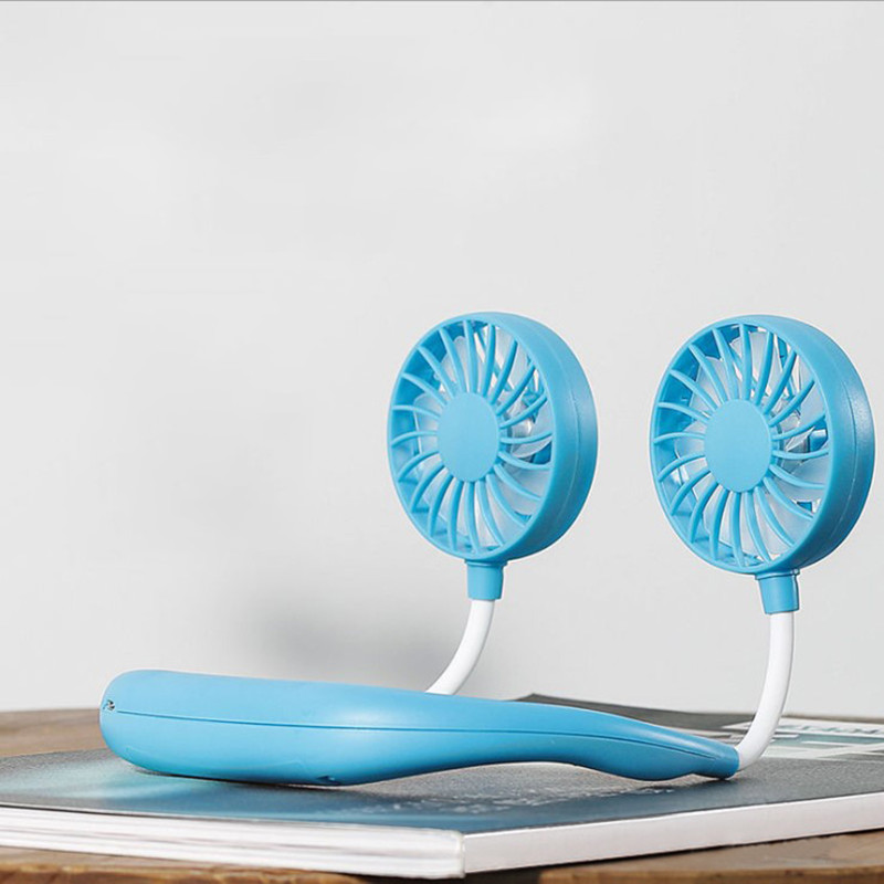 Justerbar 7 blad mini usb genopladelig ventilator bærbar hals sport fan halsbånd skrivebord hånd air fan conditioner til værelse: Blå