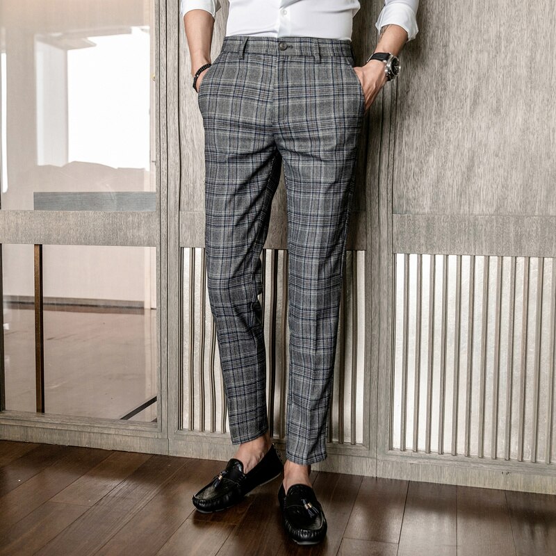 British Formal Suit Pants Men's Brown Classic Plaid Suit Pants Men's Casual Business Slim Office Work Pants Pants