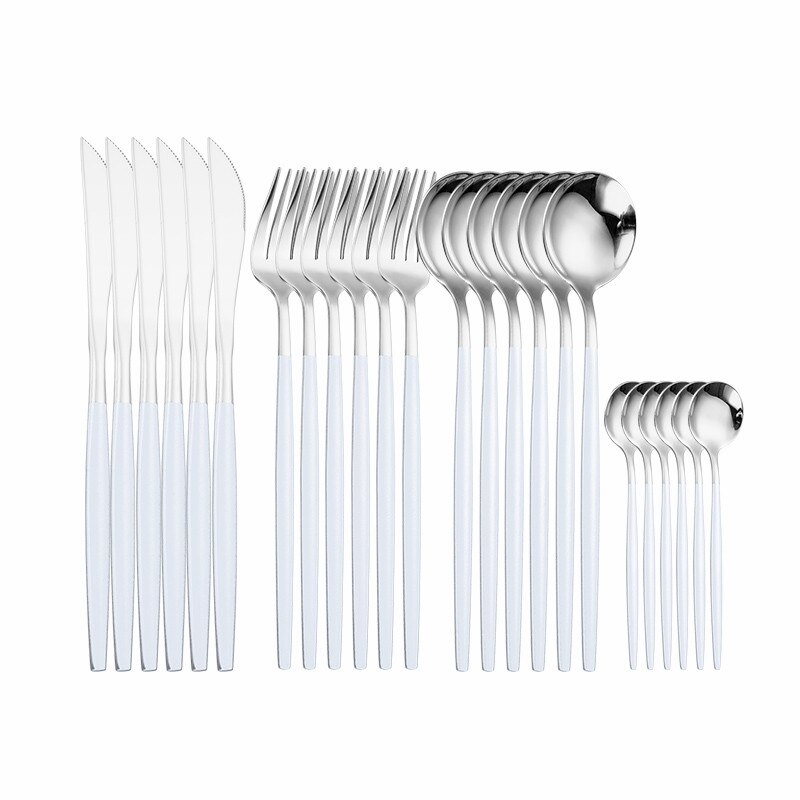 Goud Servies Set 24 Stuk Gouden Bestek Set Roestvrij Staal Servies Sets Bestek Zilverwerk Mes Vork Lepel Box Set: white silver 6sets