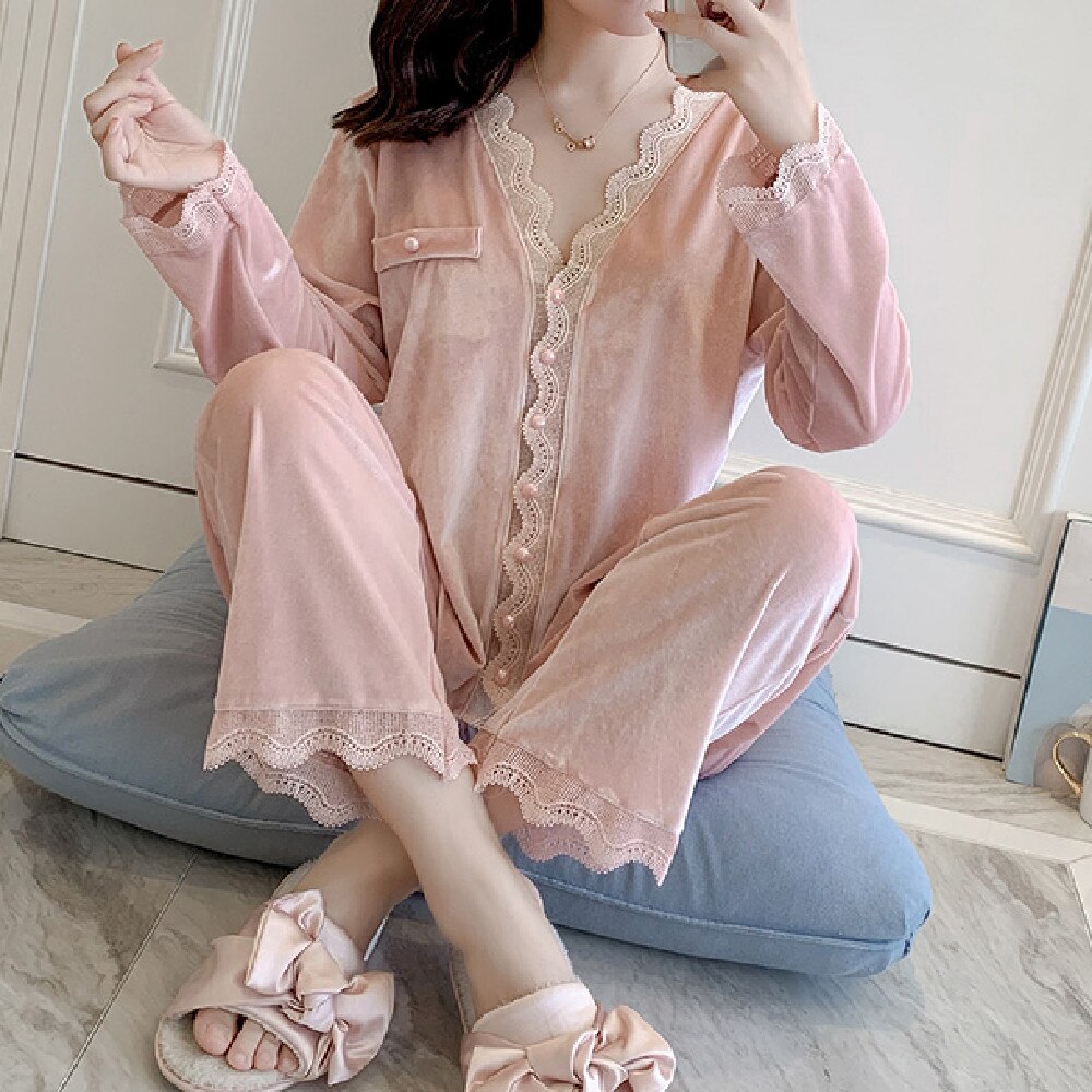 Herfst Goud Fluwelen Pyjama Sets Vrouwen Thuis Draag Casual Lange Mouw Nachtkleding Pak Sexy Lente Nachtkleding Lounge Broek T798: Roze / S