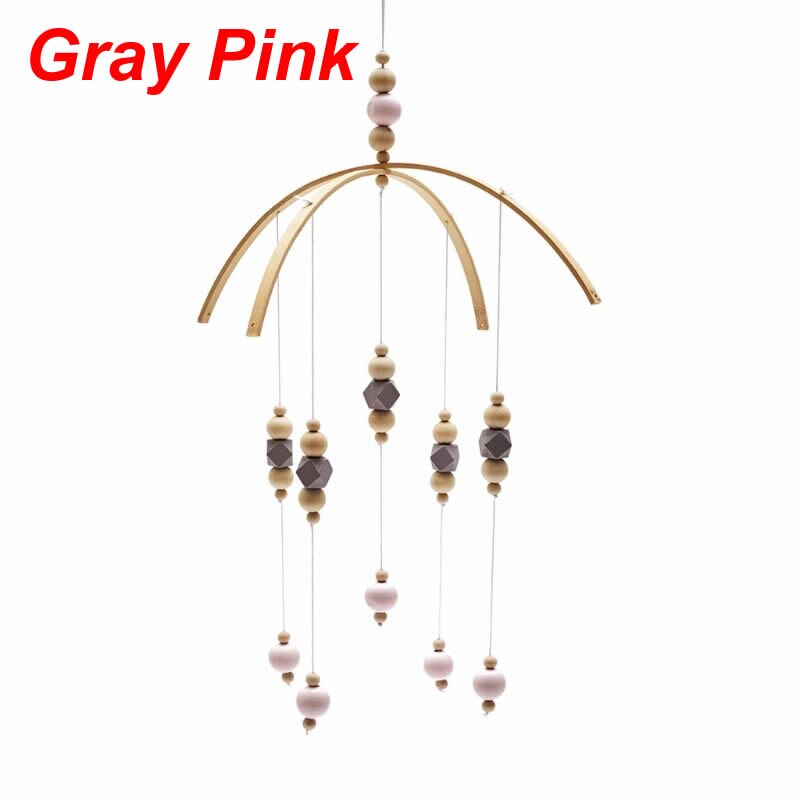 Nordic Baby Rattle Toys Wooden Beads Crib Wind Chimes Newborn Bed Hanging Toy: Gray Pink