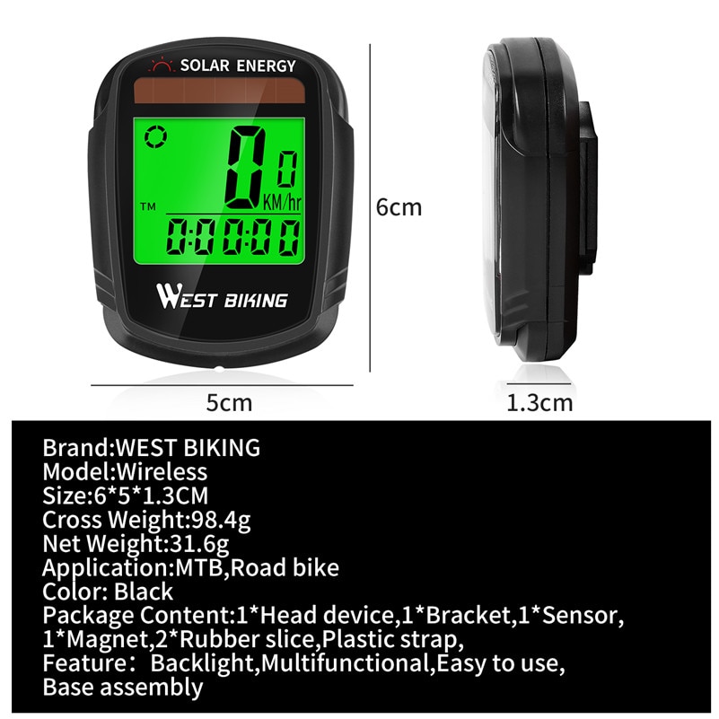 WEST RADFAHREN Solar Powered Bike Computer Drahtlose Wasserdichte Fahrrad Lcd-computer-geschwindigkeitsmesser-grüne Automatische Wake-up Fahrrad Computer