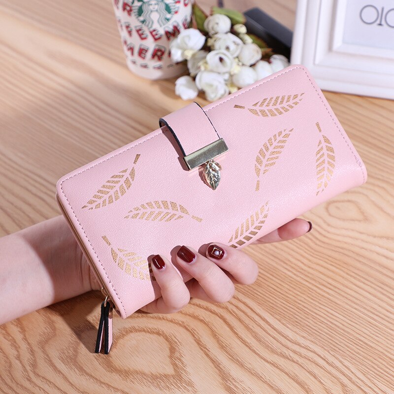 Koreanska kvinnors långa dubbelvikta löv plånbok plånbok clutch mobilväska kortfodral