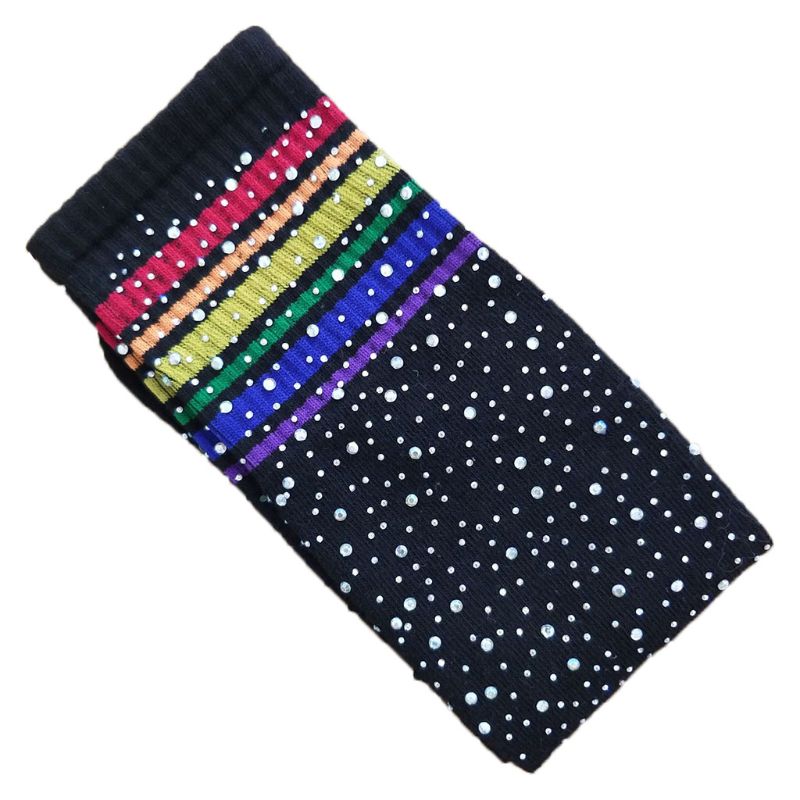 Chaussettes hautes aux genoux pour enfants, nouvelle , chaussettes chaudes à rayures colorées avec strass, décoration, bas pour filles, Tube Long: BK