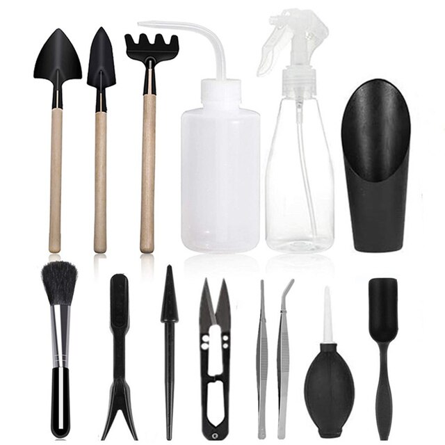 14 Pieces Succulent Plants Tools Mini Gardening Hand Tool Set for Transplanting Digging Pruning Watering Bonsai Plant Care Tools: black