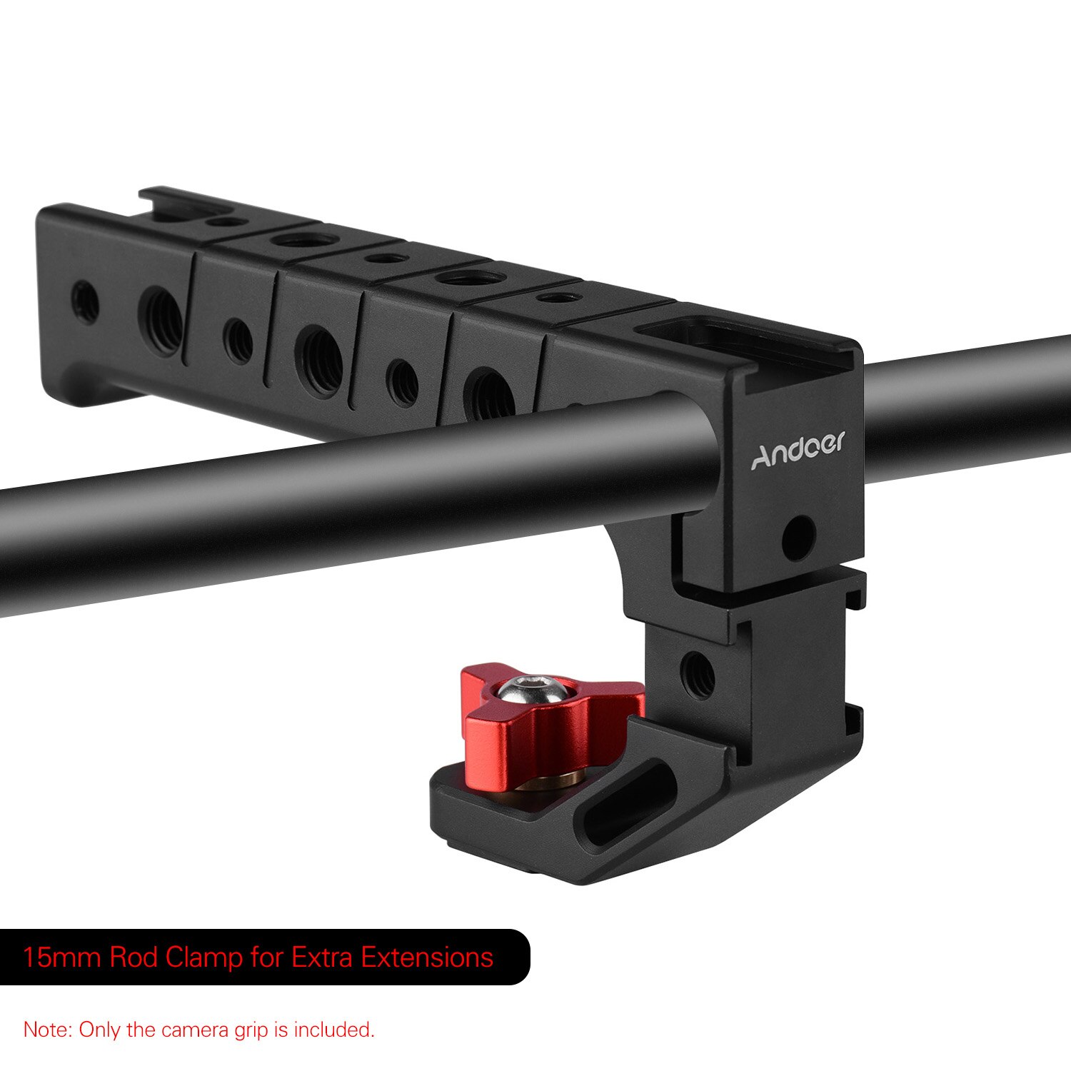 Andoer Aluminum Alloy Camera Handle Grip with Cold Shoe Mount 1/4 3/8 Threaded Holes 15mm Rod Clamp for Microphone LED Light